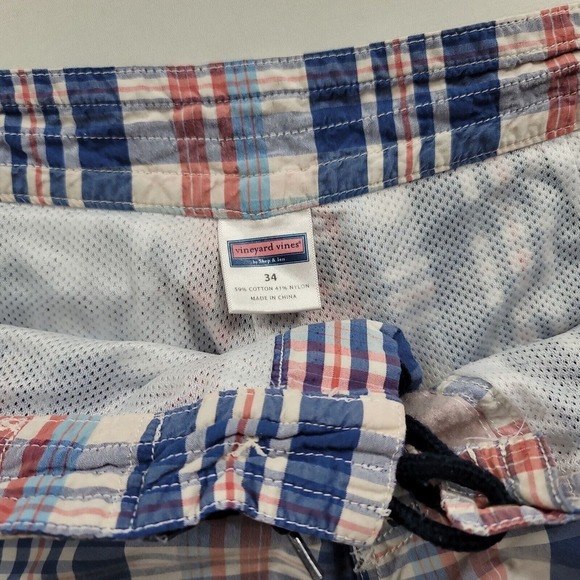 Vineyard Vines Swim Shorts Mens 34 Blue Red‎ Plaid Pockets Beach Trunks - Picture 5 of 7